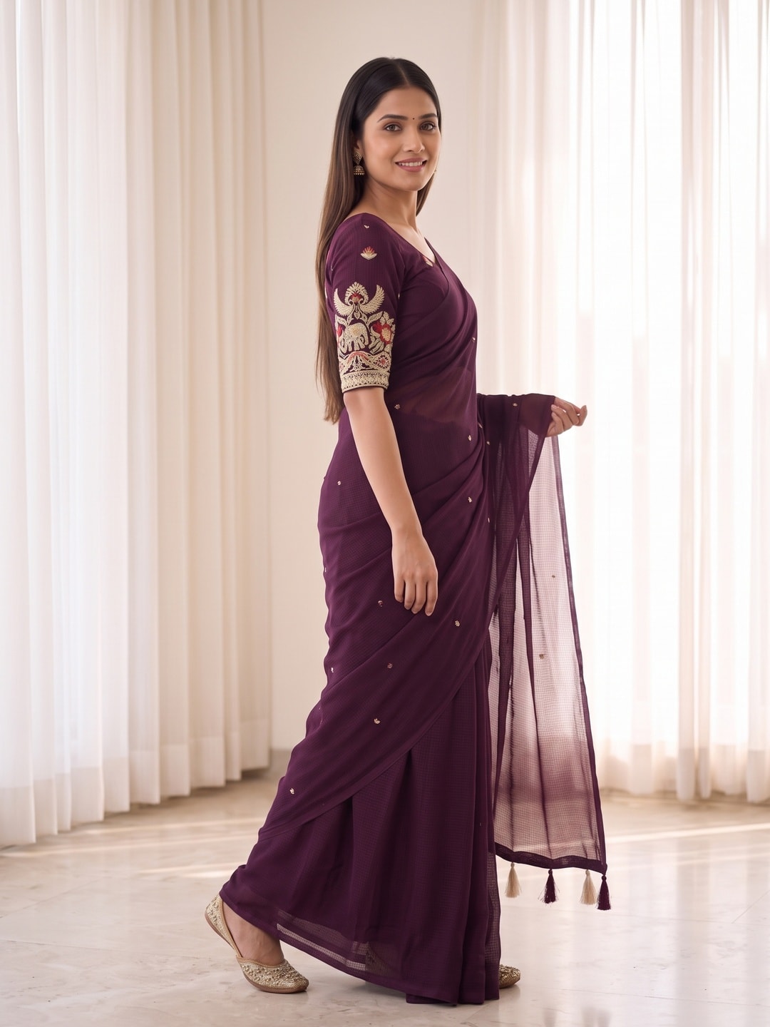 Peachmode Wine Weightless Georgette Saree With Tassels And Heavy Embroidery Blouse - Image 3