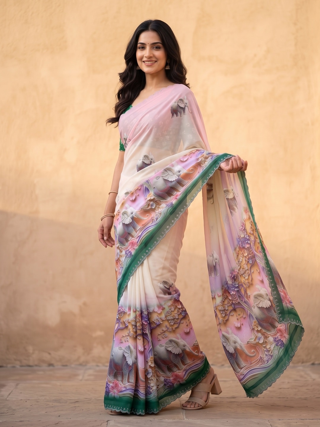 Peachmode Bottle Green Weightless Georgette Saree With 3D Elephant Digital Print And Stone Work Border - Image 3