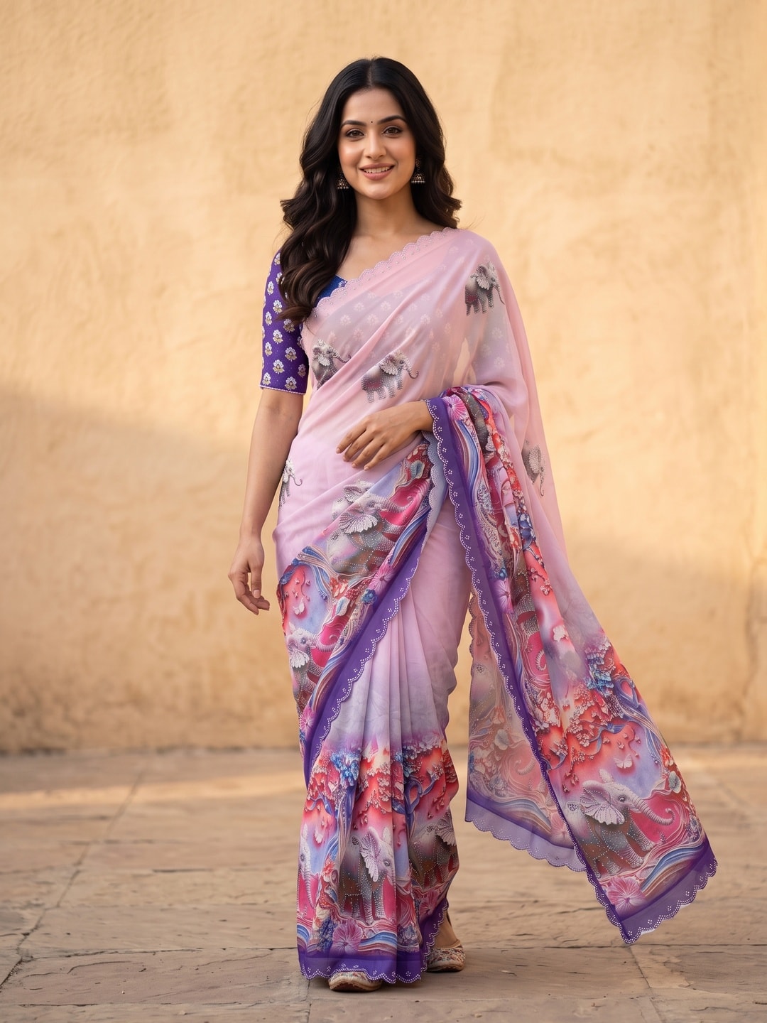 Peachmode Purple Weightless Georgette Saree With 3D Elephant Digital Print And Stone Work Border - Image 1