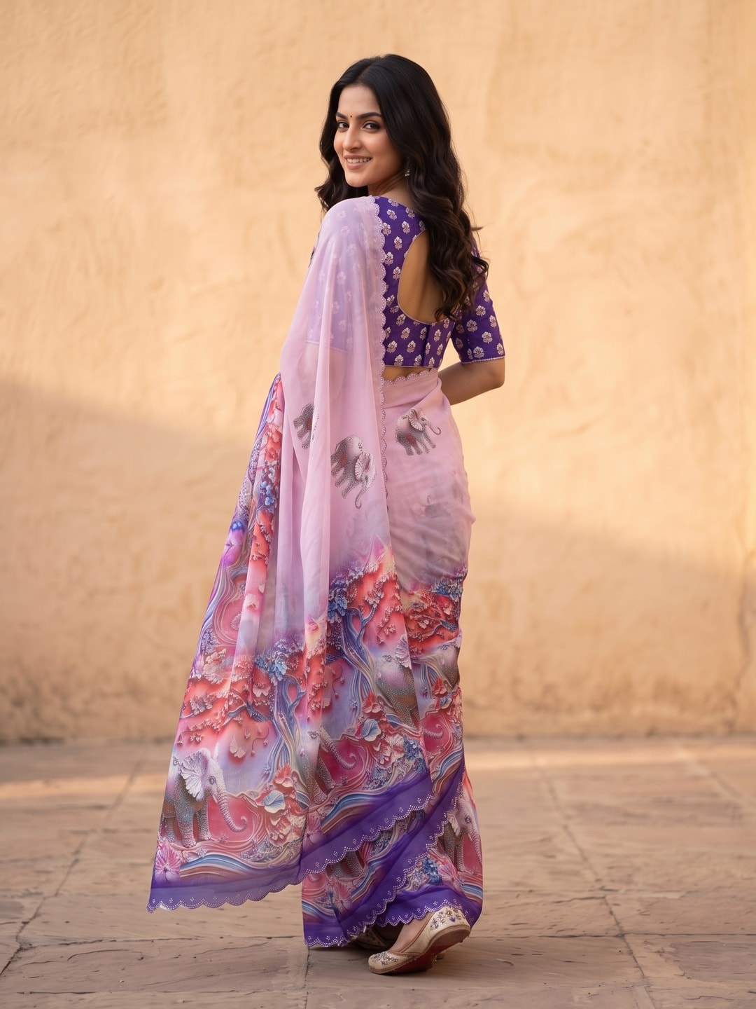 Peachmode Purple Weightless Georgette Saree With 3D Elephant Digital Print And Stone Work Border - Image 2