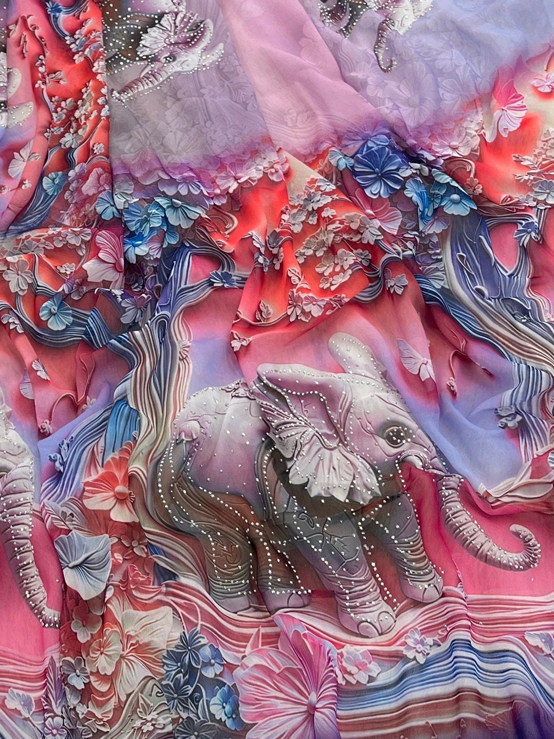 Peachmode Purple Weightless Georgette Saree With 3D Elephant Digital Print And Stone Work Border - Image 5