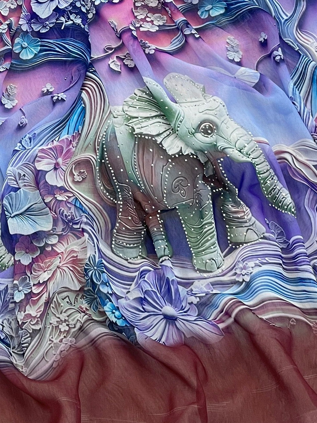 Peachmode Maroon Weightless Georgette Saree With 3D Elephant Digital Print And Stone Work Border - Image 5
