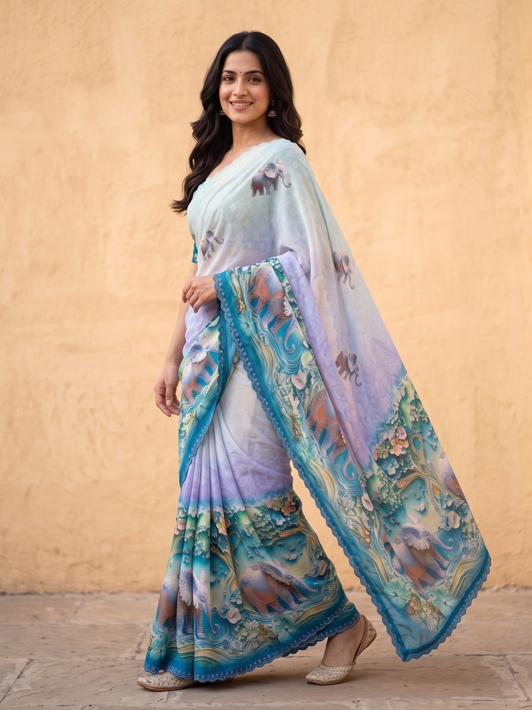 Peachmode Peacock Blue Weightless Georgette Saree With 3D Elephant Digital Print And Stone Work Border - Image 3