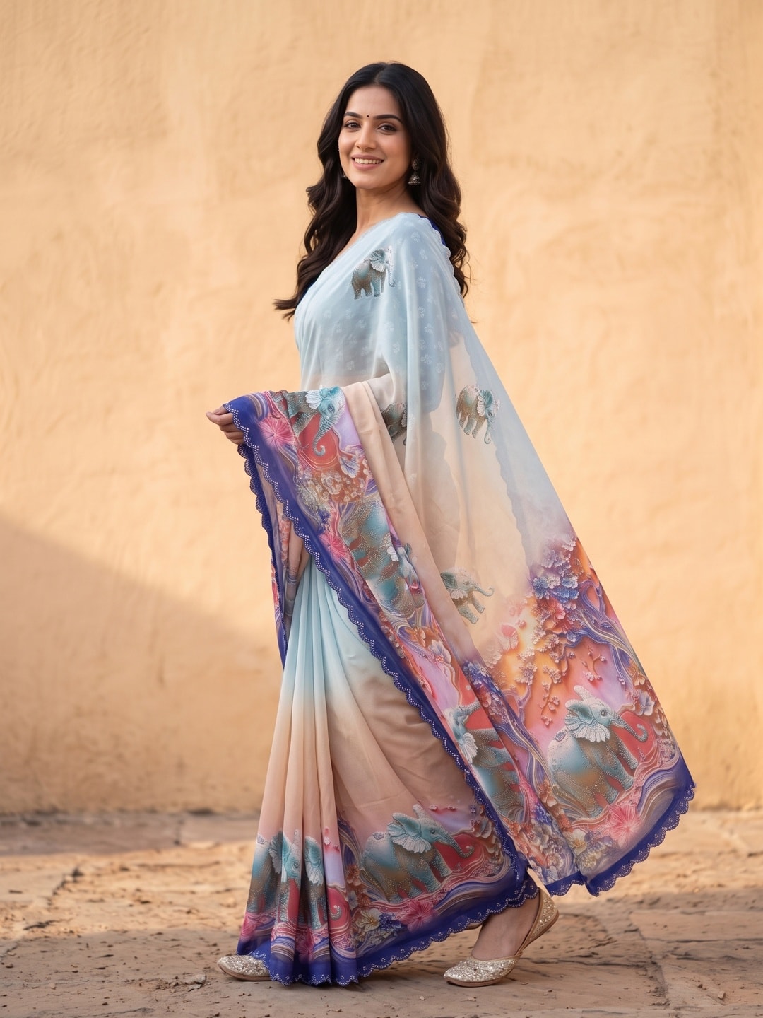 Peachmode Navy Blue Weightless Georgette Saree With 3D Elephant Digital Print And Stone Work Border - Image 3