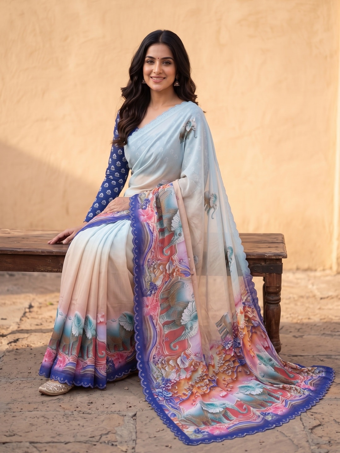 Peachmode Navy Blue Weightless Georgette Saree With 3D Elephant Digital Print And Stone Work Border - Image 4