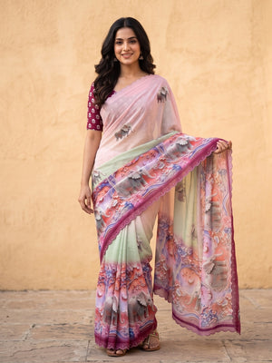 Peachmode Wine Weightless Georgette Saree With 3D Elephant Digital Print And Stone Work Border - Image 1