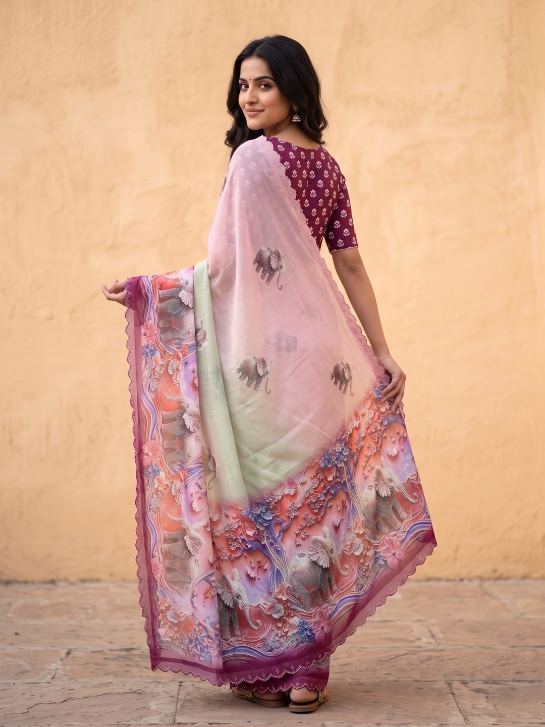 Peachmode Wine Weightless Georgette Saree With 3D Elephant Digital Print And Stone Work Border - Image 2