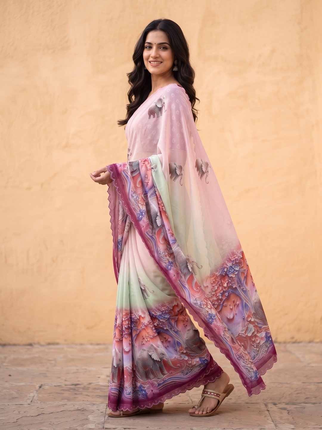 Peachmode Wine Weightless Georgette Saree With 3D Elephant Digital Print And Stone Work Border - Image 3