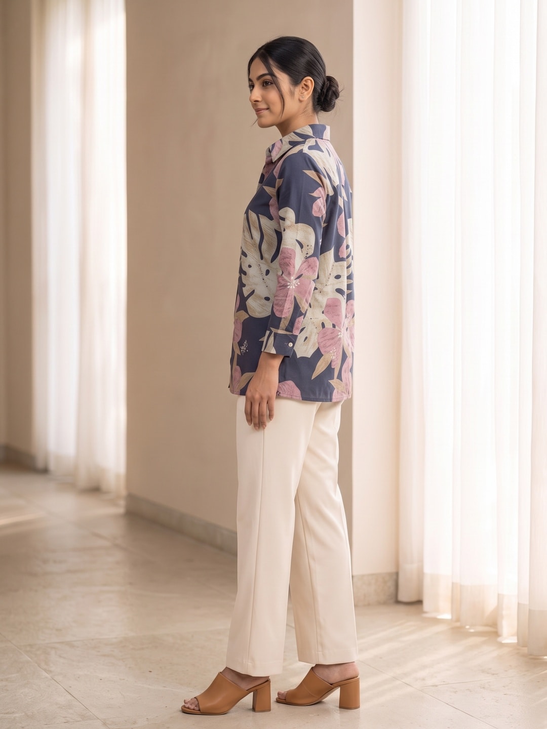 Trendy Blue Floral Muslin Shirt Top With Smart Collared Neck & Button Down Front - Image 3