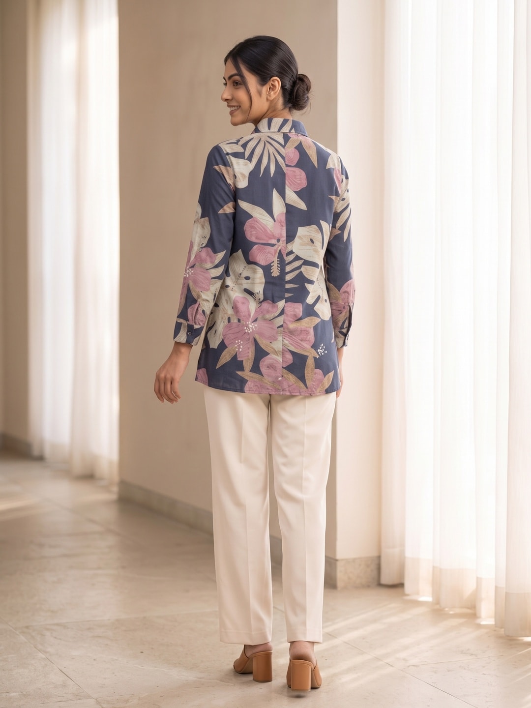 Trendy Blue Floral Muslin Shirt Top With Smart Collared Neck & Button Down Front - Image 4