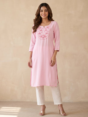 Light Pink Yoke Embroidered Rayon Straight Kurti - Image 1