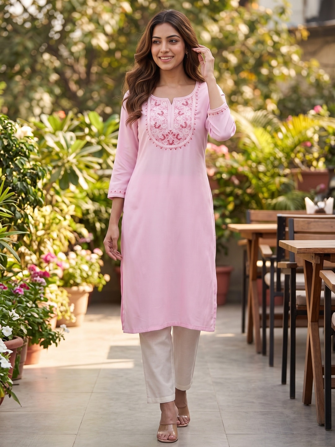 Light Pink Yoke Embroidered Rayon Straight Kurti - Image 2