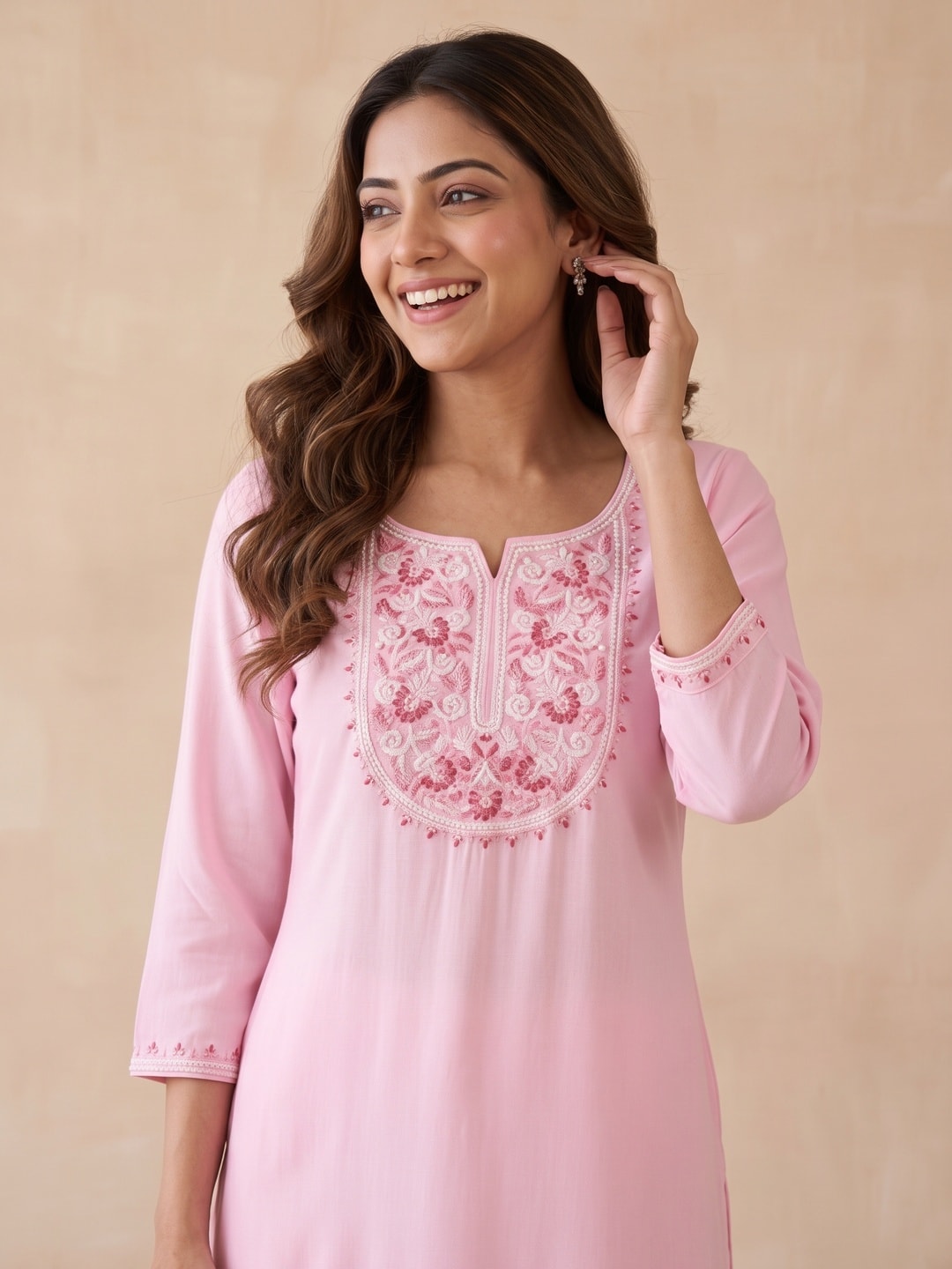 Light Pink Yoke Embroidered Rayon Straight Kurti - Image 5