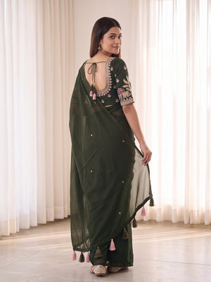 Peachmode Mehndi Green Weightless Georgette Saree With Tassels And Heavy Embroidery Blouse - Image 2