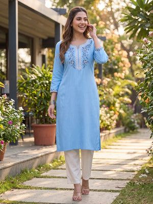 Sky Blue Yoke Embroidered Rayon Straight Kurti - Image 2