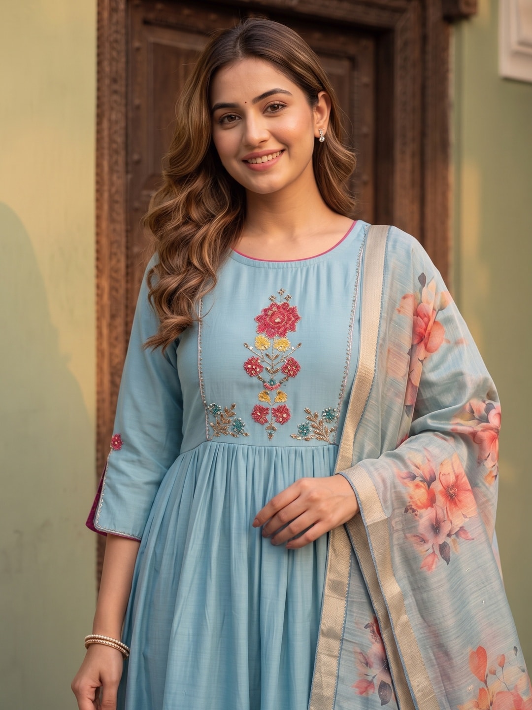 Sky Blue Neck Embroidered Viscose A-Line Salwar Suit - Image 5
