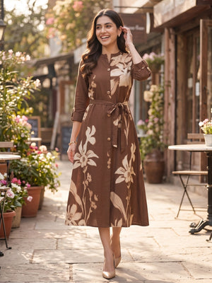 Trendy Brown Viscose Blend Midi Dress Featuring All-Over Floral Prints - Image 2