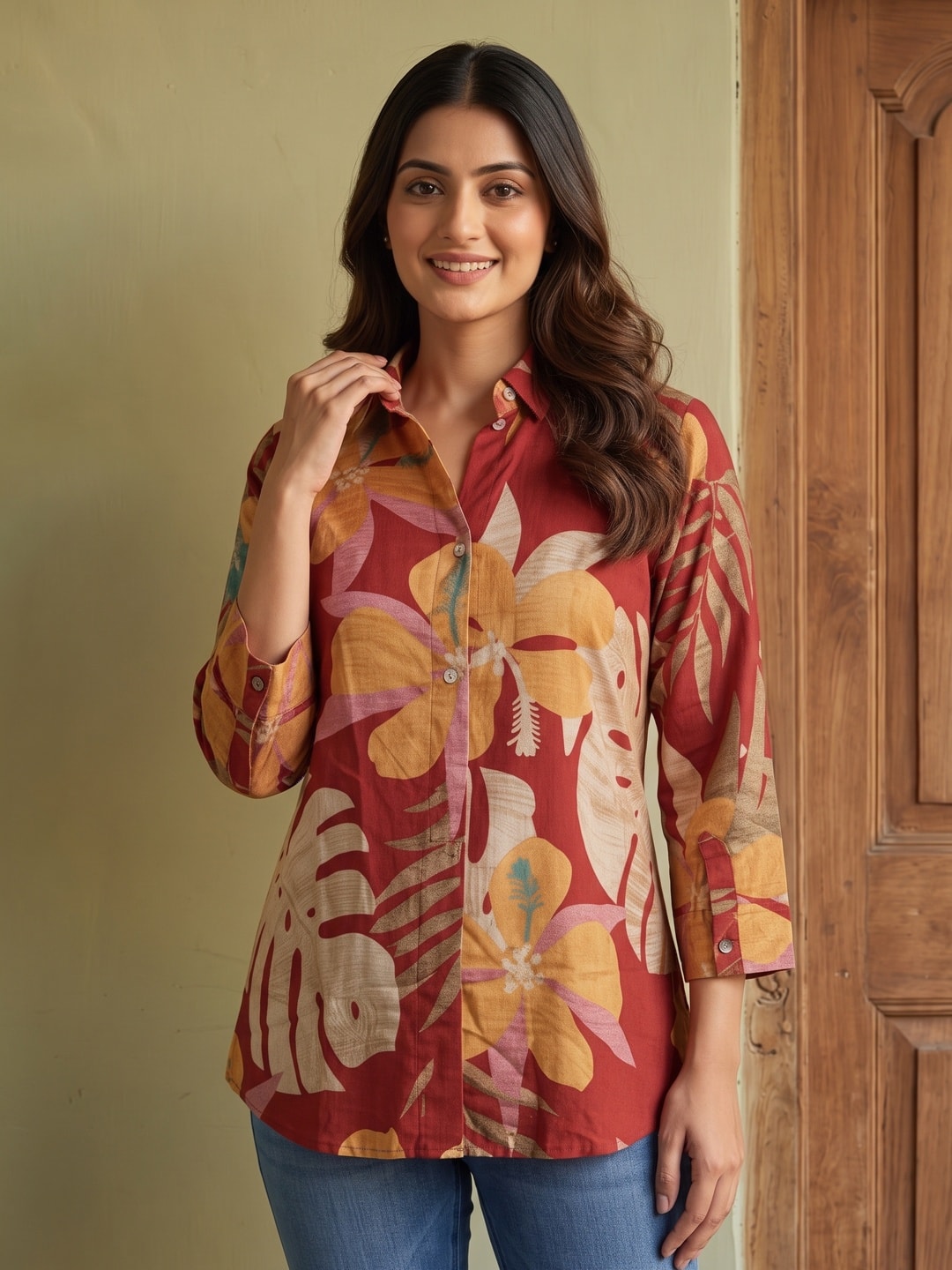 Trendy Red Floral Muslin Shirt Top With Smart Collared Neck & Button Down Front - Image 5