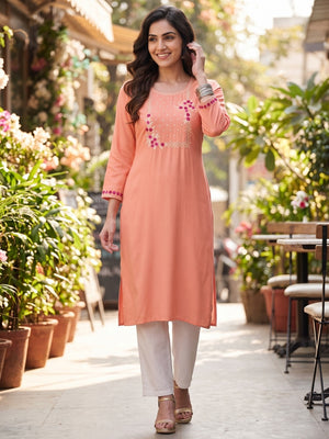 Peach Yoke Embroidered Rayon Straight Kurti - Image 2