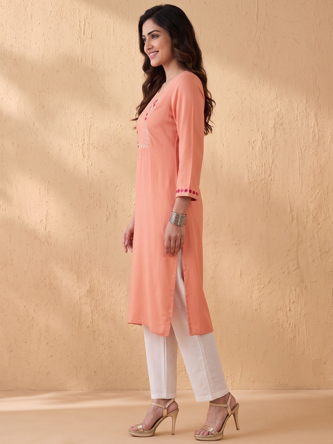 Peach Yoke Embroidered Rayon Straight Kurti - Image 3