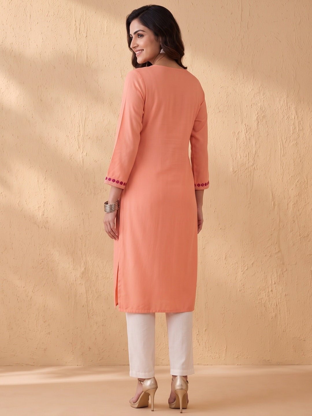 Peach Yoke Embroidered Rayon Straight Kurti - Image 4