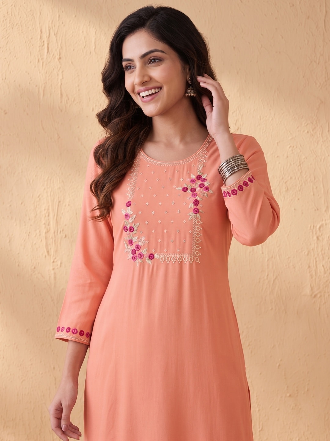 Peach Yoke Embroidered Rayon Straight Kurti - Image 5
