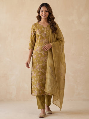 Mustard Rayon Salwar Suit with Artistic Floral Prints and Straight Silhouette - Image 1