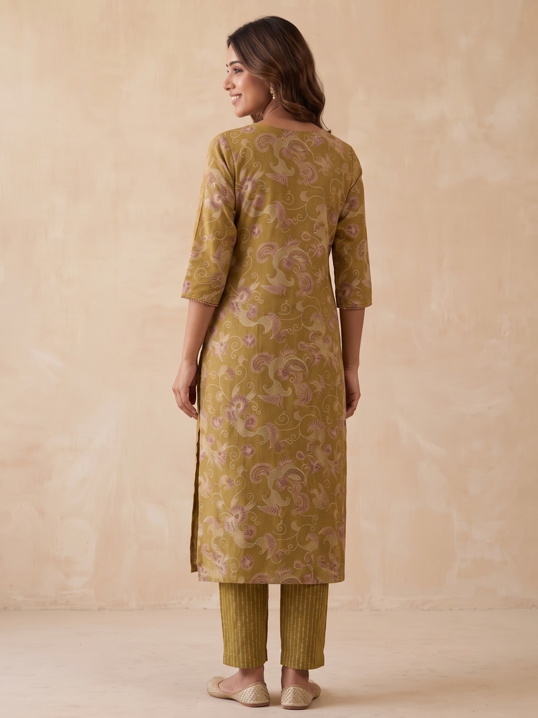 Mustard Rayon Salwar Suit with Artistic Floral Prints and Straight Silhouette - Image 3