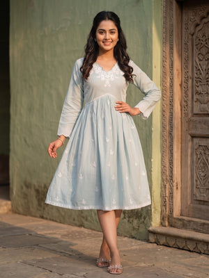 Light Turquoise Embroidered Rayon A-Line Dress - Image 1