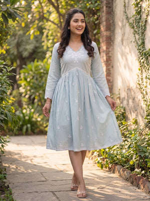 Light Turquoise Embroidered Rayon A-Line Dress - Image 2