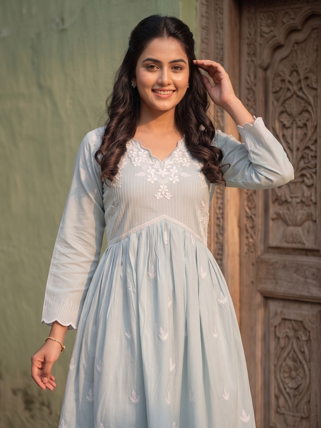 Light Turquoise Embroidered Rayon A-Line Dress - Image 5