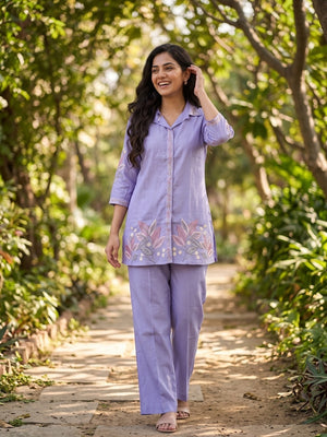 Peachmode Lavender Chanderi Silk Embroidered Co-ord Set - Image 2
