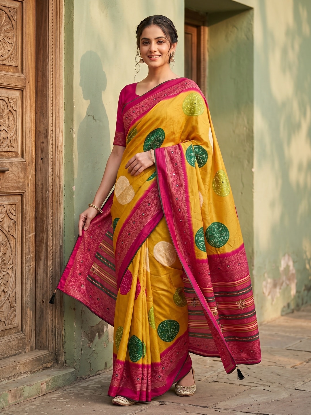 Peachmode Mustard Bandhani Mirror Work Georgette Saree - Image 1
