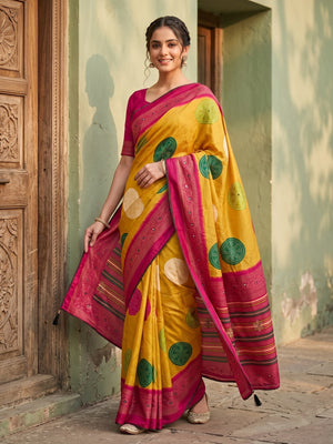 Peachmode Mustard Bandhani Mirror Work Georgette Saree - Image 1