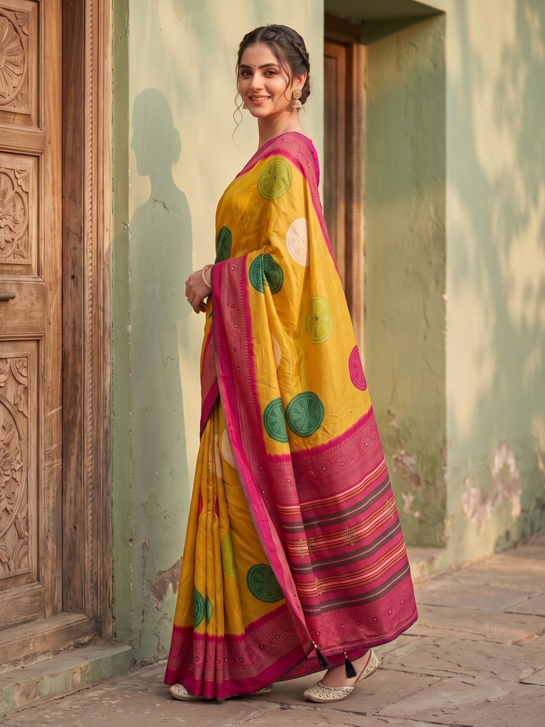 Peachmode Mustard Bandhani Mirror Work Georgette Saree - Image 3