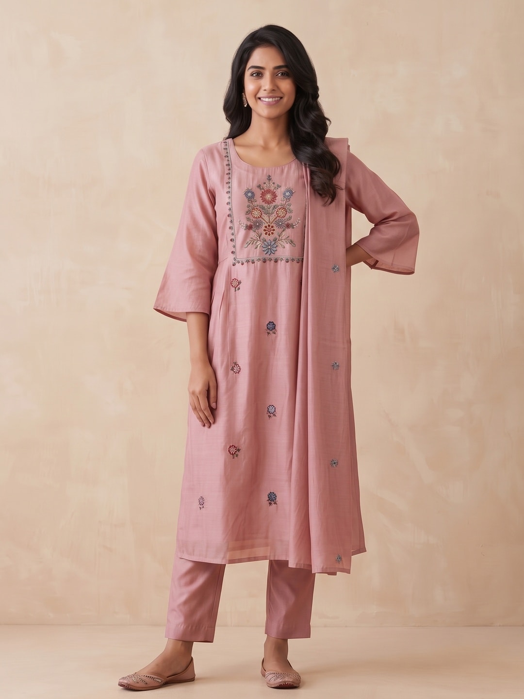 Peachmode Dusty Rose Chanderi Silk Embroidered Salwar Suit - Image 1