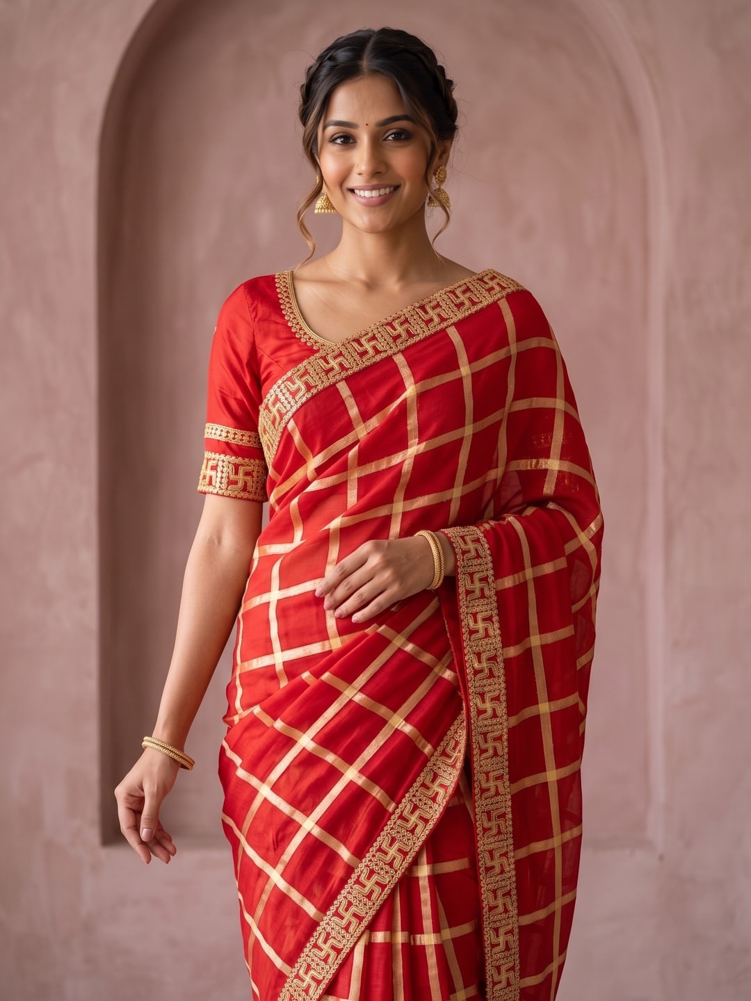 Peachmode Red Viscose Zari Check Saree With Swastik Lace Border - Image 5