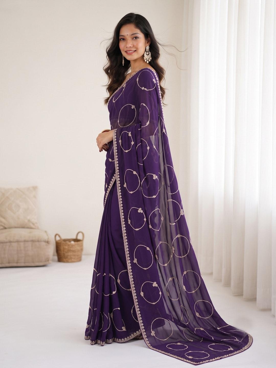Peachmode Purple Georgette Saree With Circle Thread Embroidery And Embroidered Border - Image 3