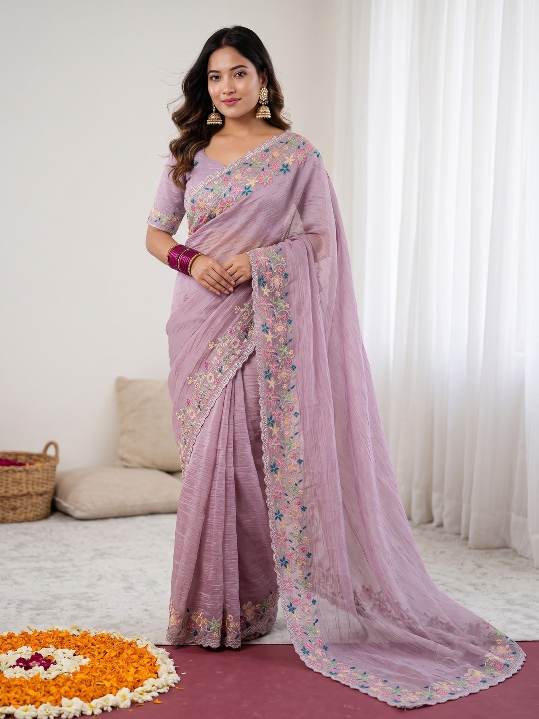 Peachmode Lavender Georgette Saree With Multicolour Floral Thread Embroidered Scalloped Border - Image 1