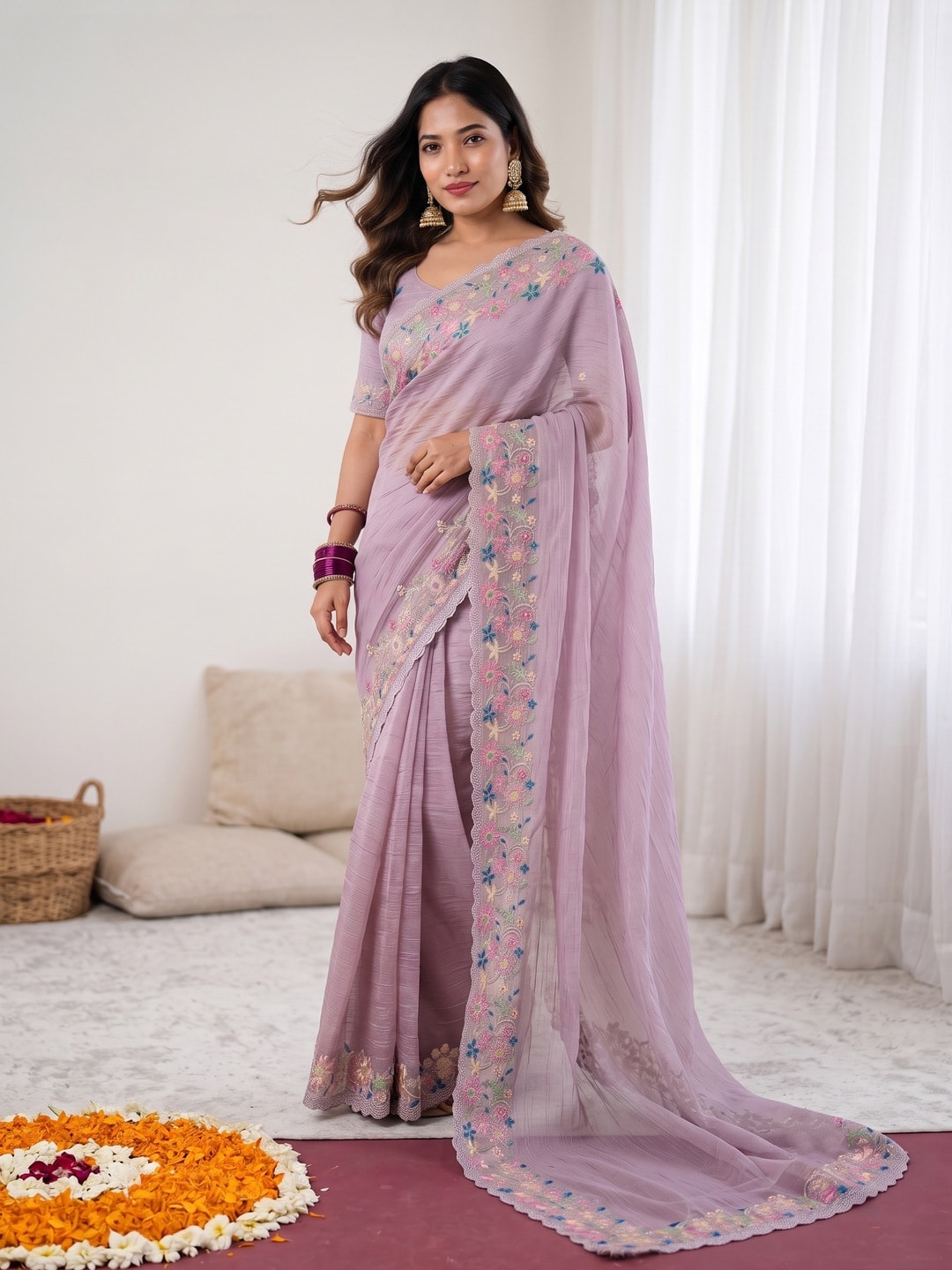 Peachmode Lavender Georgette Saree With Multicolour Floral Thread Embroidered Scalloped Border - Image 3