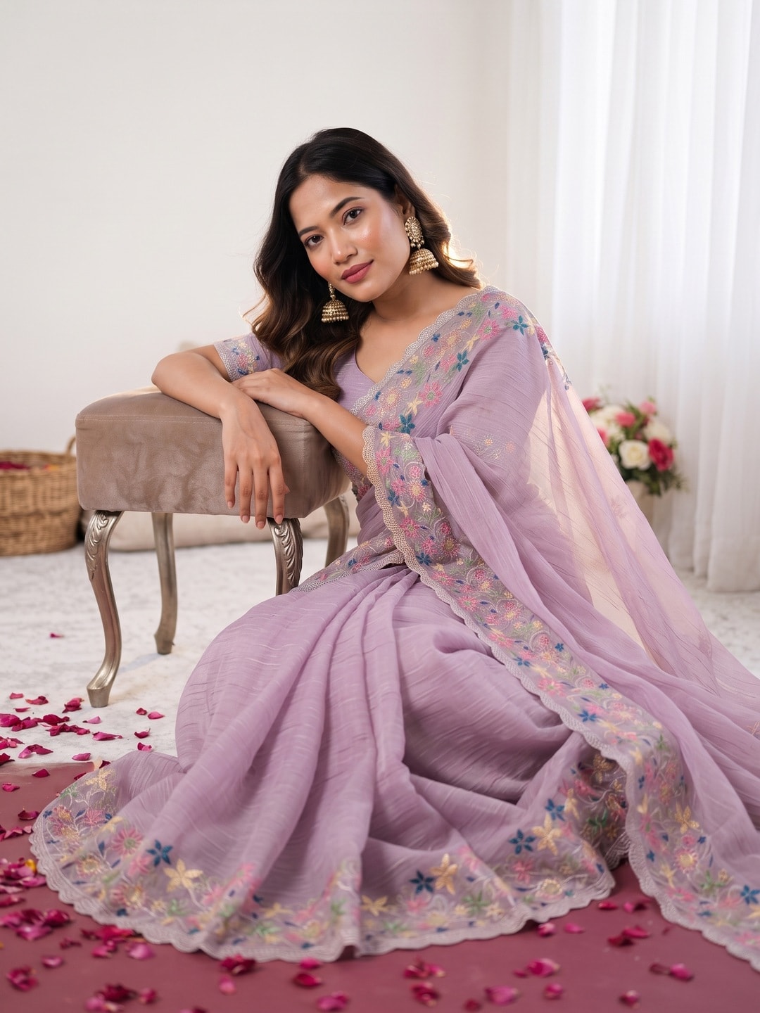 Peachmode Lavender Georgette Saree With Multicolour Floral Thread Embroidered Scalloped Border - Image 4