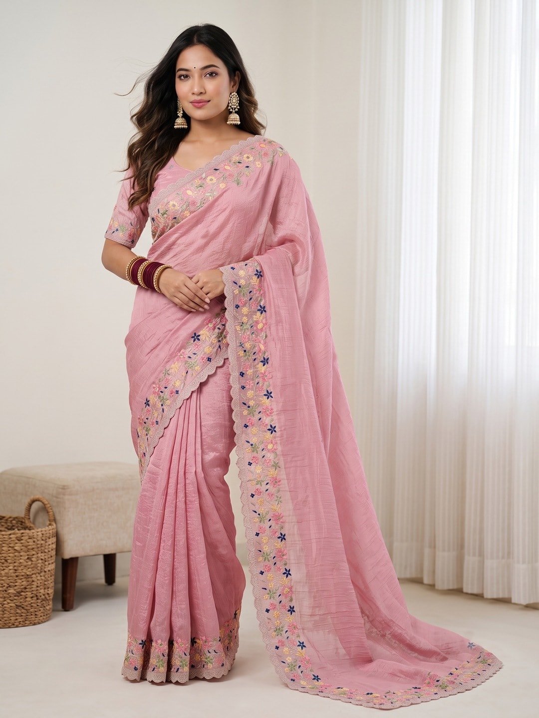 Peachmode Pink Georgette Saree With Multicolour Floral Thread Embroidered Scalloped Border - Image 1