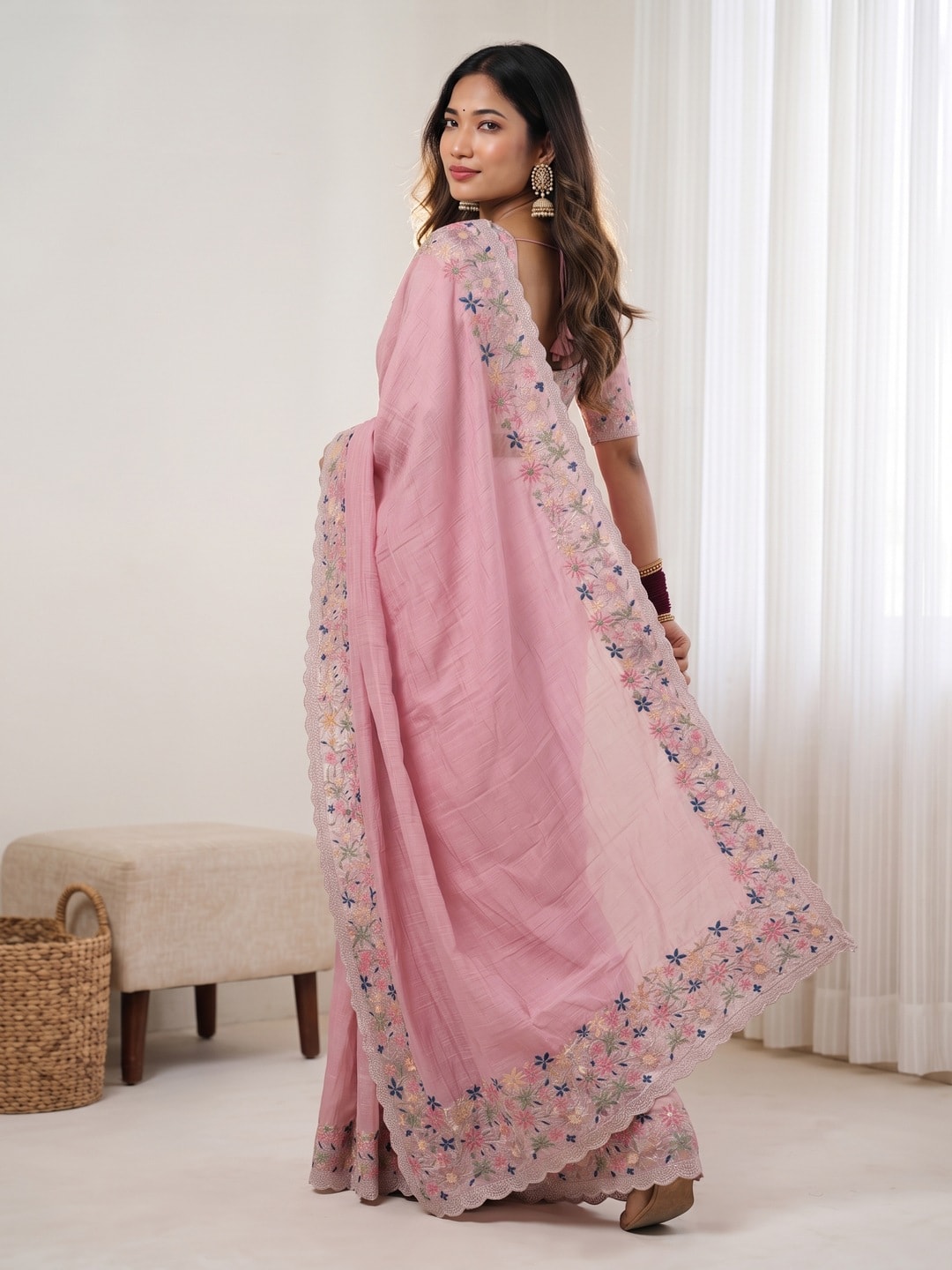 Peachmode Pink Georgette Saree With Multicolour Floral Thread Embroidered Scalloped Border - Image 2