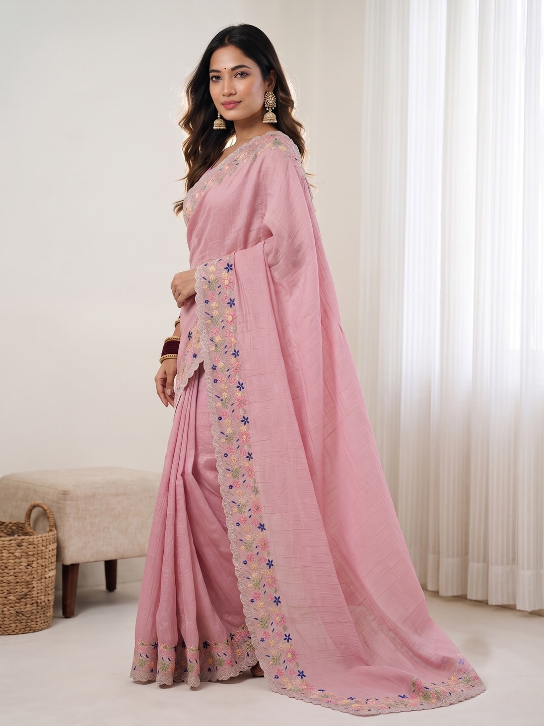 Peachmode Pink Georgette Saree With Multicolour Floral Thread Embroidered Scalloped Border - Image 3