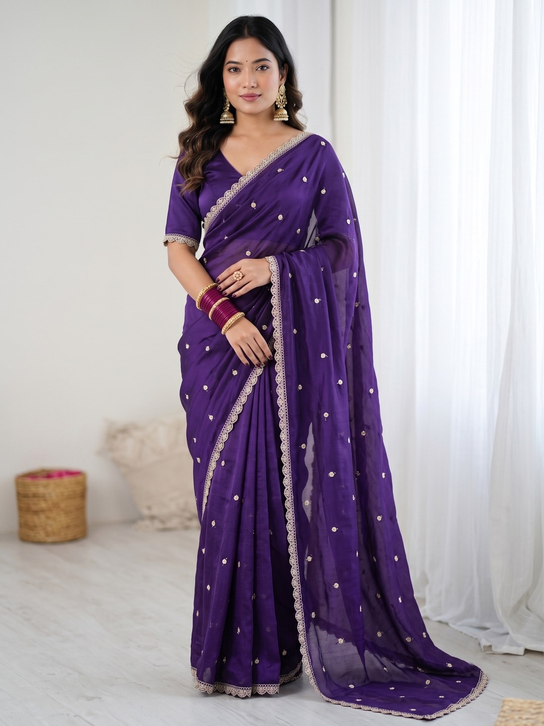 Peachmode Purple Chiffon Saree With Scalloped Lace Border And Sequin Buttis - Image 1