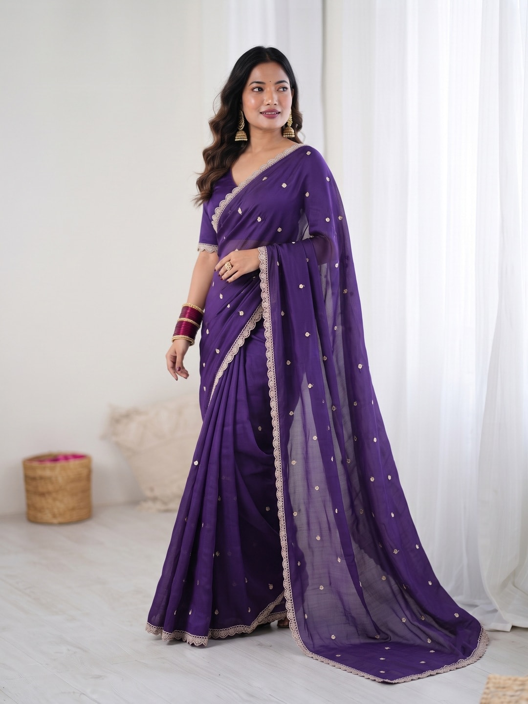 Peachmode Purple Chiffon Saree With Scalloped Lace Border And Sequin Buttis - Image 3
