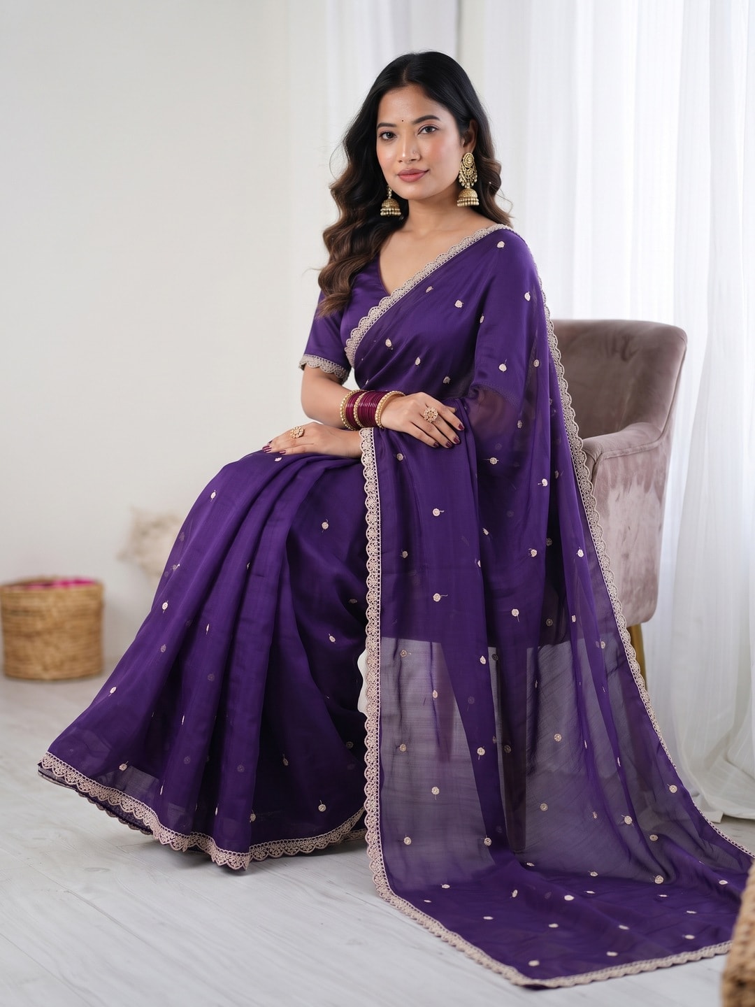 Peachmode Purple Chiffon Saree With Scalloped Lace Border And Sequin Buttis - Image 4