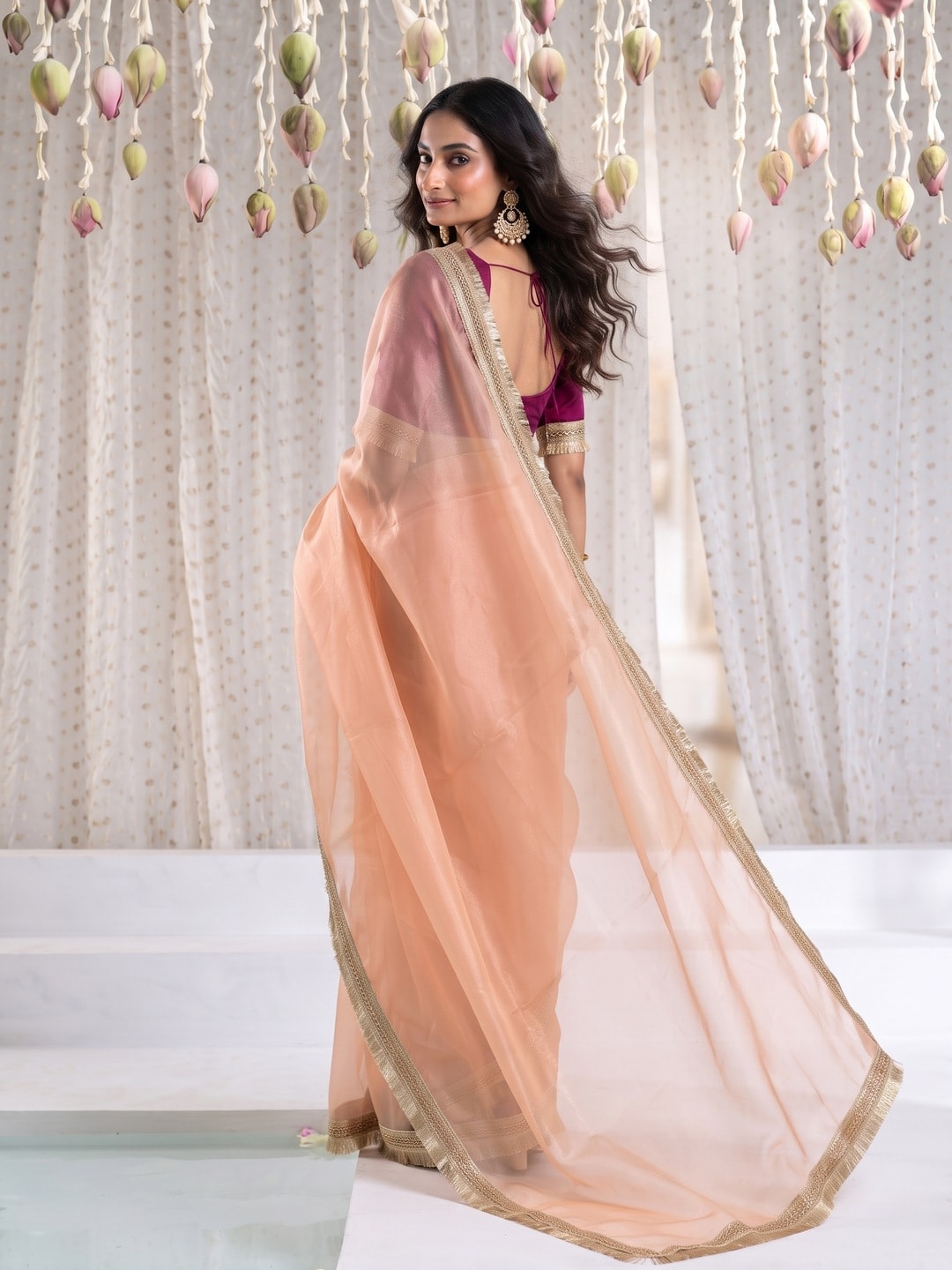 Peachmode Peach Tissue Organza Saree With Gold Fringe Lace Border - Image 2