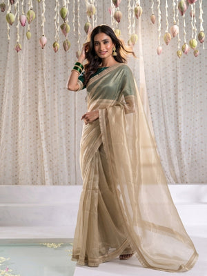 Peachmode Beige Tissue Organza Saree With Gold Fringe Lace Border - Image 1