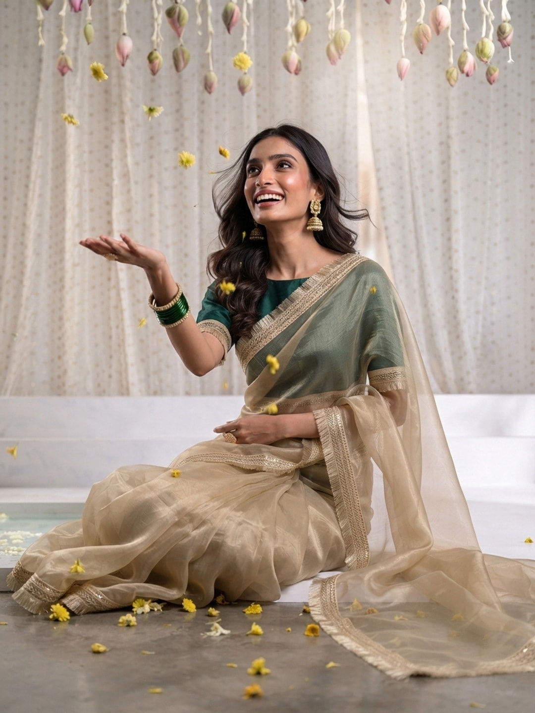 Peachmode Beige Tissue Organza Saree With Gold Fringe Lace Border - Image 4